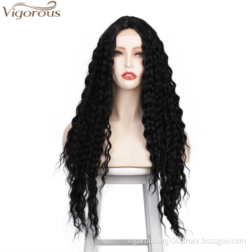 Vigorous Cheap Kinky Curly Wigs Long Synthetic Wigs For Women Middle Part Natual Black Wigs Heat Resistant Fiber Wholesale Price